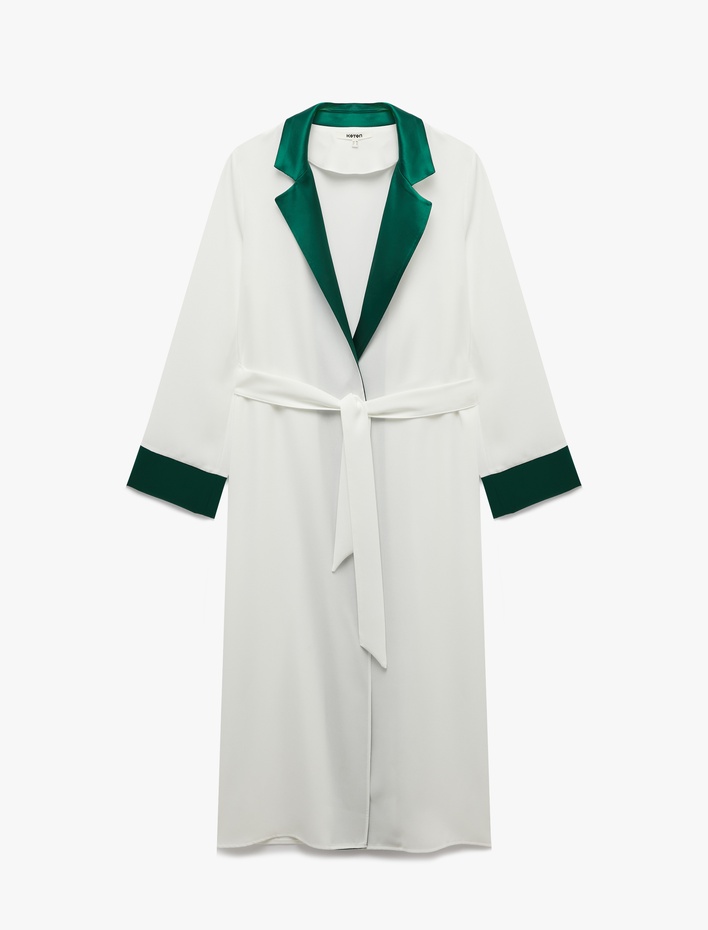  Krep Kumaş Kuşaklı Kontrast Detaylı Uzun Kollu Kimono