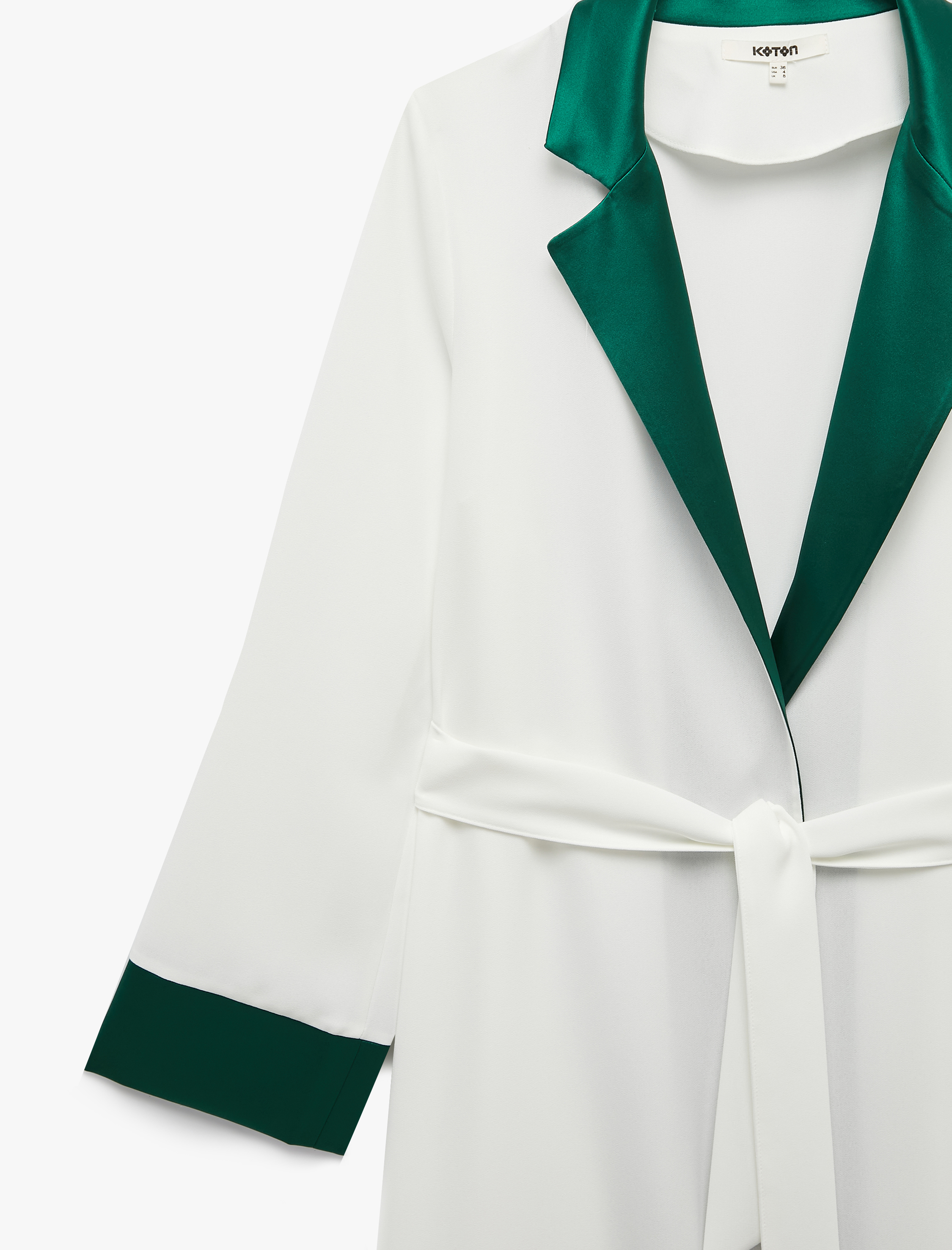   Krep Kumaş Kuşaklı Kontrast Detaylı Uzun Kollu Kimono