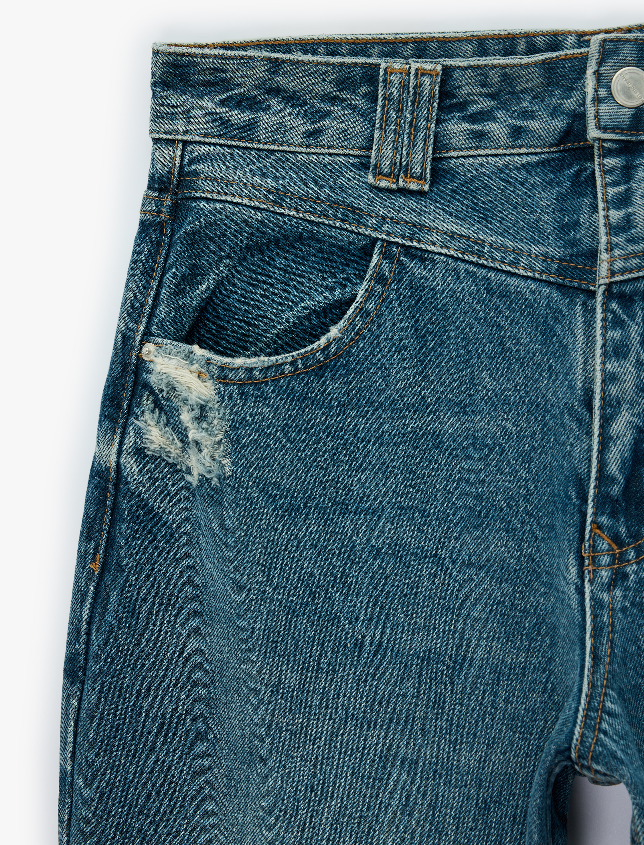   Yıpratma Detaylı Rahat Kalıp Düz Paça Pamuklu Baggy Denim Pantolon - Baggy Jeans