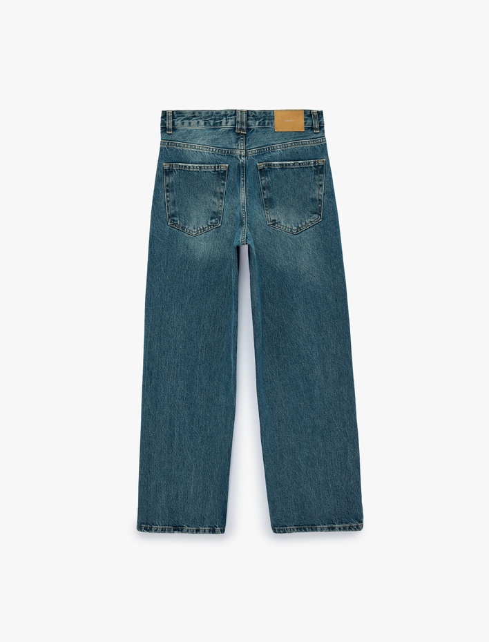  Yıpratma Detaylı Rahat Kalıp Düz Paça Pamuklu Baggy Denim Pantolon - Baggy Jeans