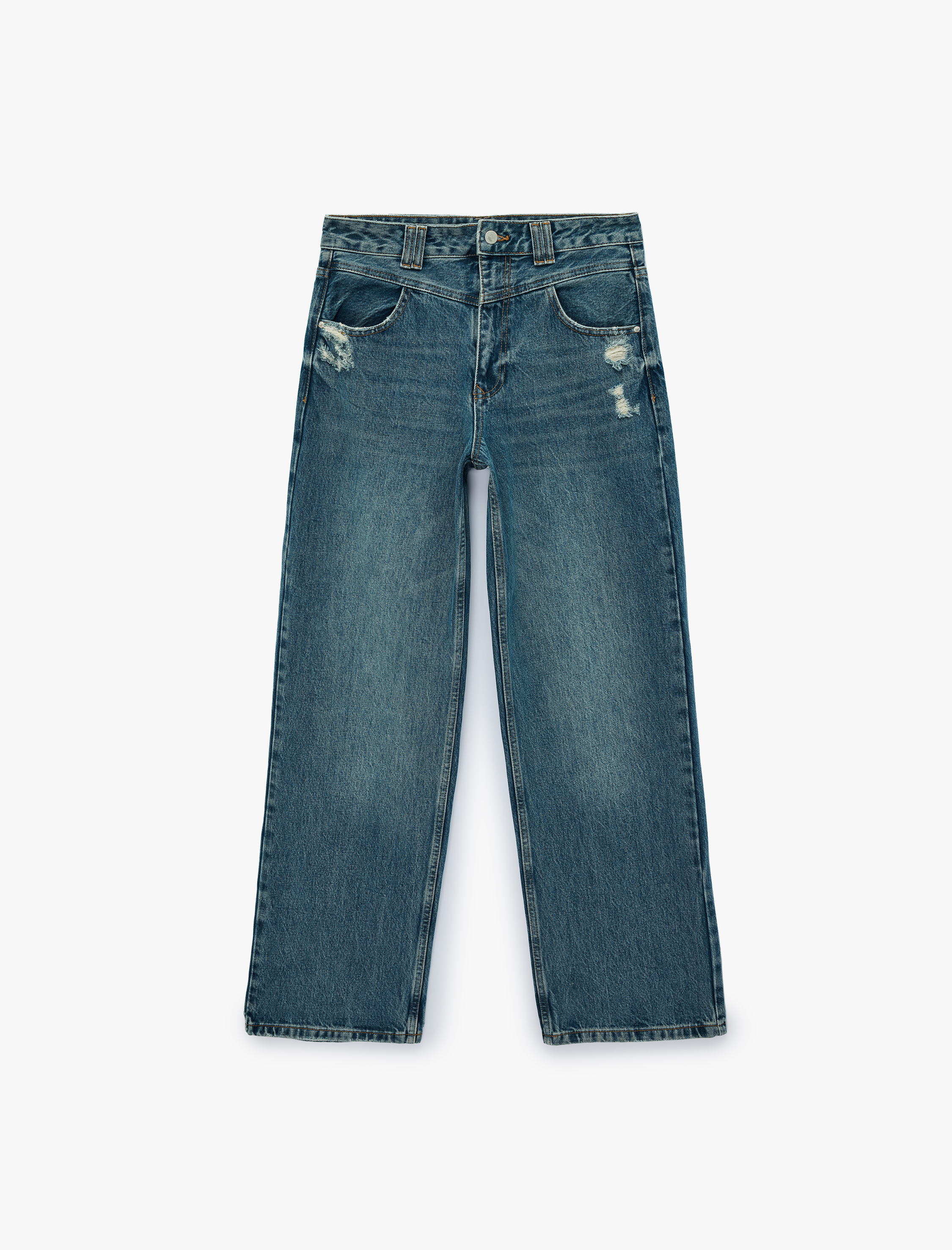   Yıpratma Detaylı Rahat Kalıp Düz Paça Pamuklu Baggy Denim Pantolon - Baggy Jeans