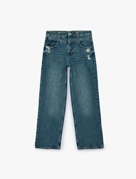 Yıpratma Detaylı Rahat Kalıp Düz Paça Pamuklu Baggy Denim Pantolon - Baggy Jeans