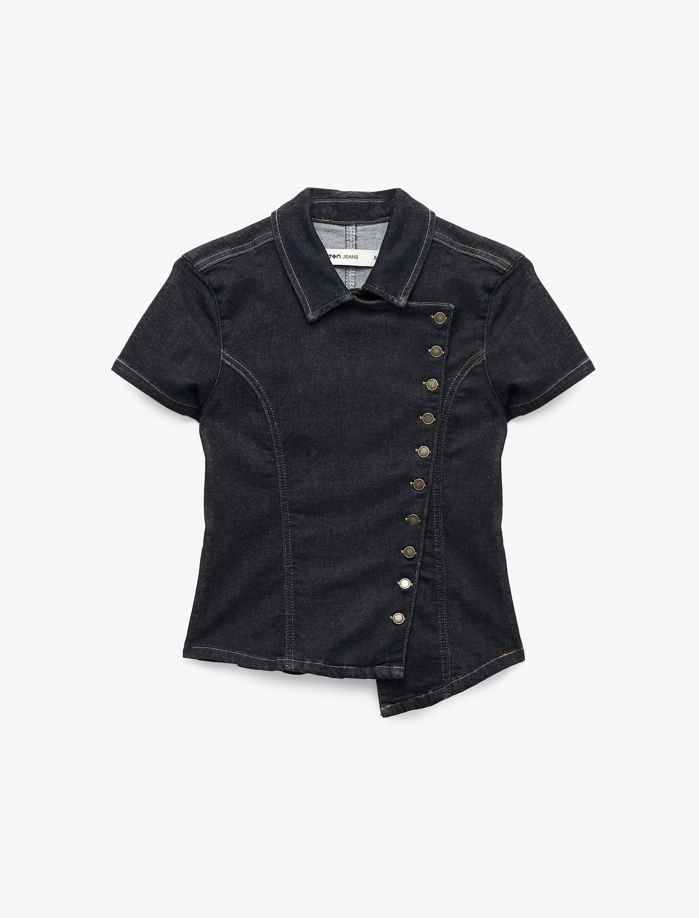   Slim Fit Pamuklu Klasik Yaka Kısa Kollu Asimetrik Kesim Düğmeli Denim Bluz
