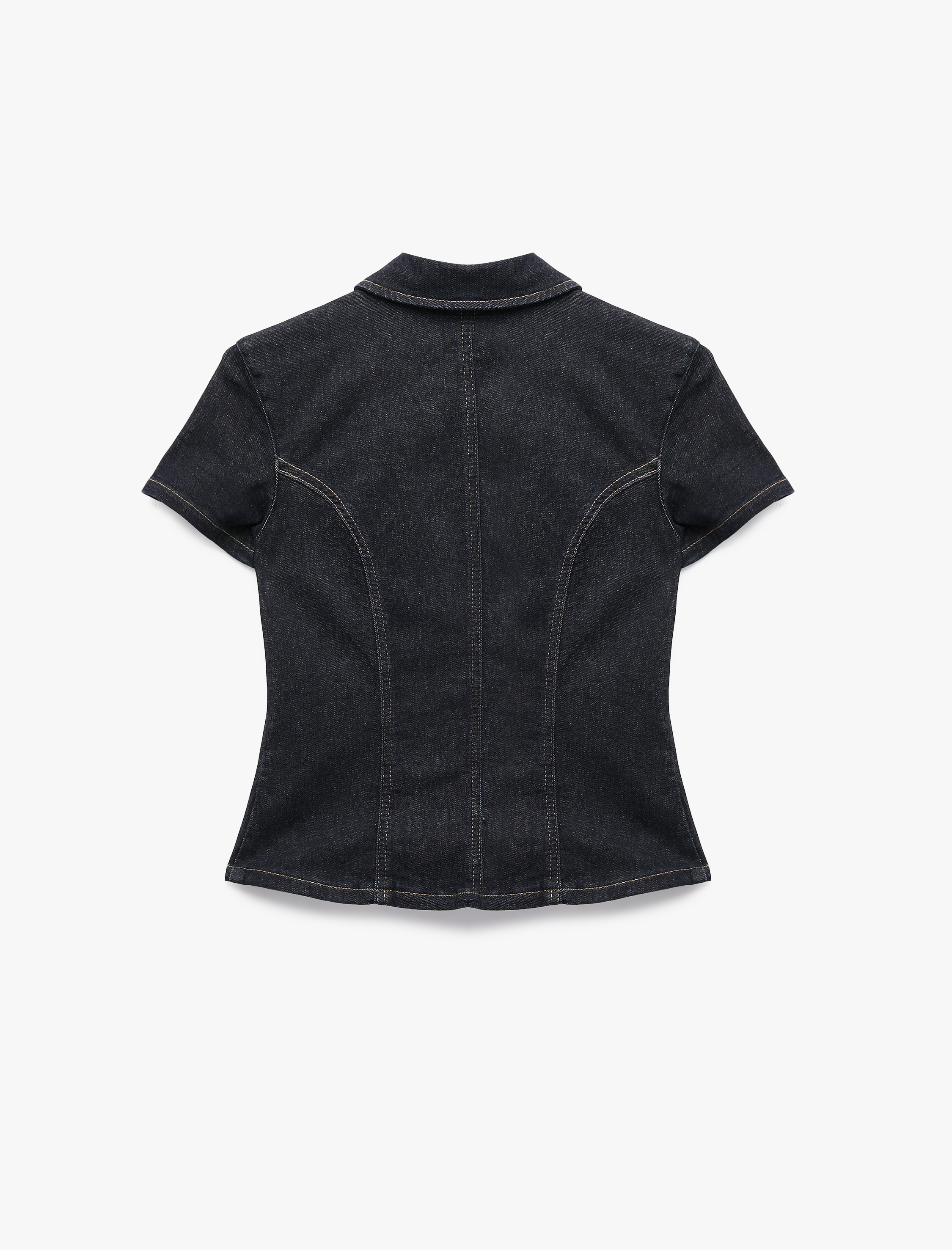   Slim Fit Pamuklu Klasik Yaka Kısa Kollu Asimetrik Kesim Düğmeli Denim Bluz