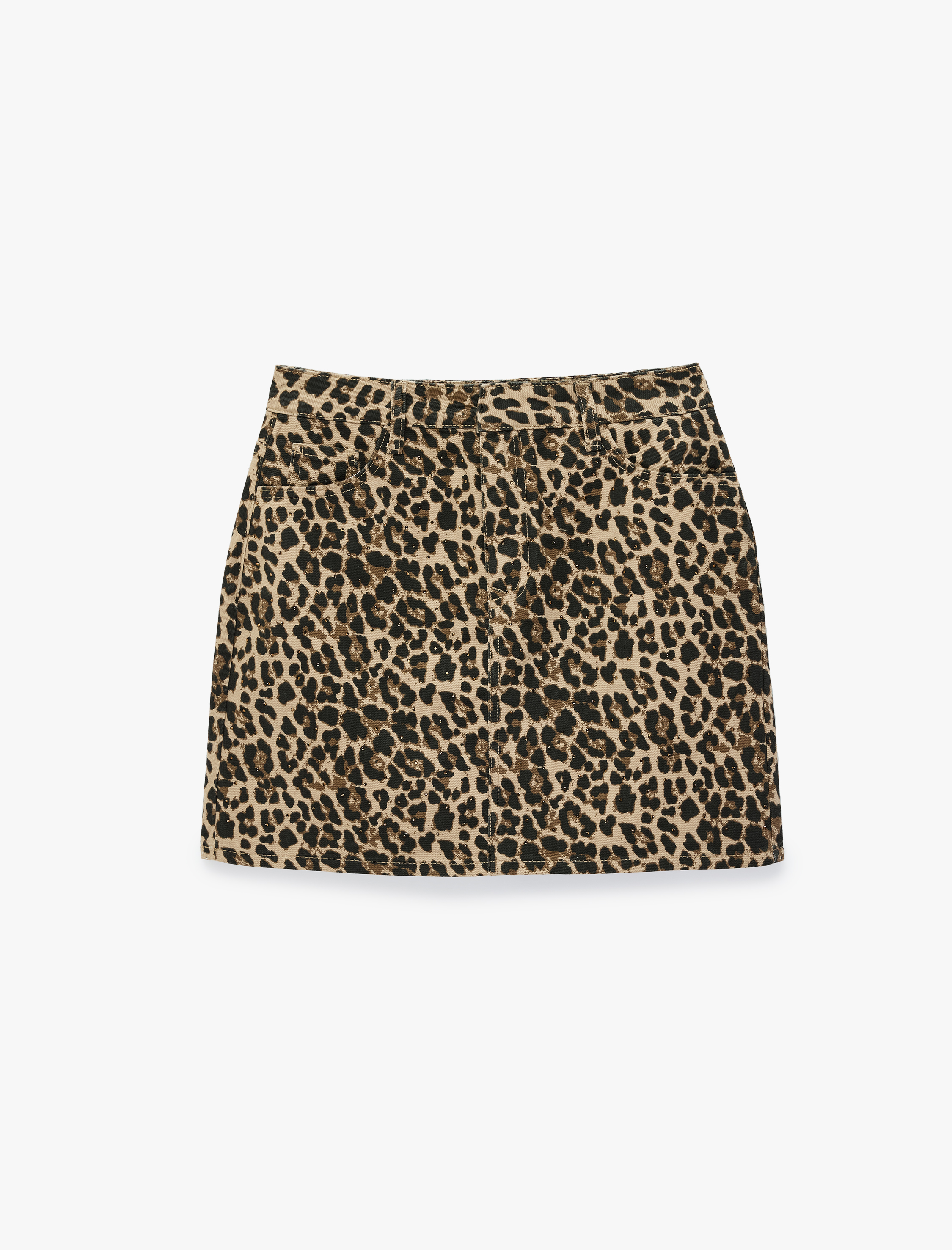  Yüksek Bel Cepli Pamuklu Leopar Desenli Taşlı Mini Denim Etek