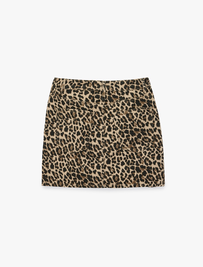  Yüksek Bel Cepli Pamuklu Leopar Desenli Taşlı Mini Denim Etek