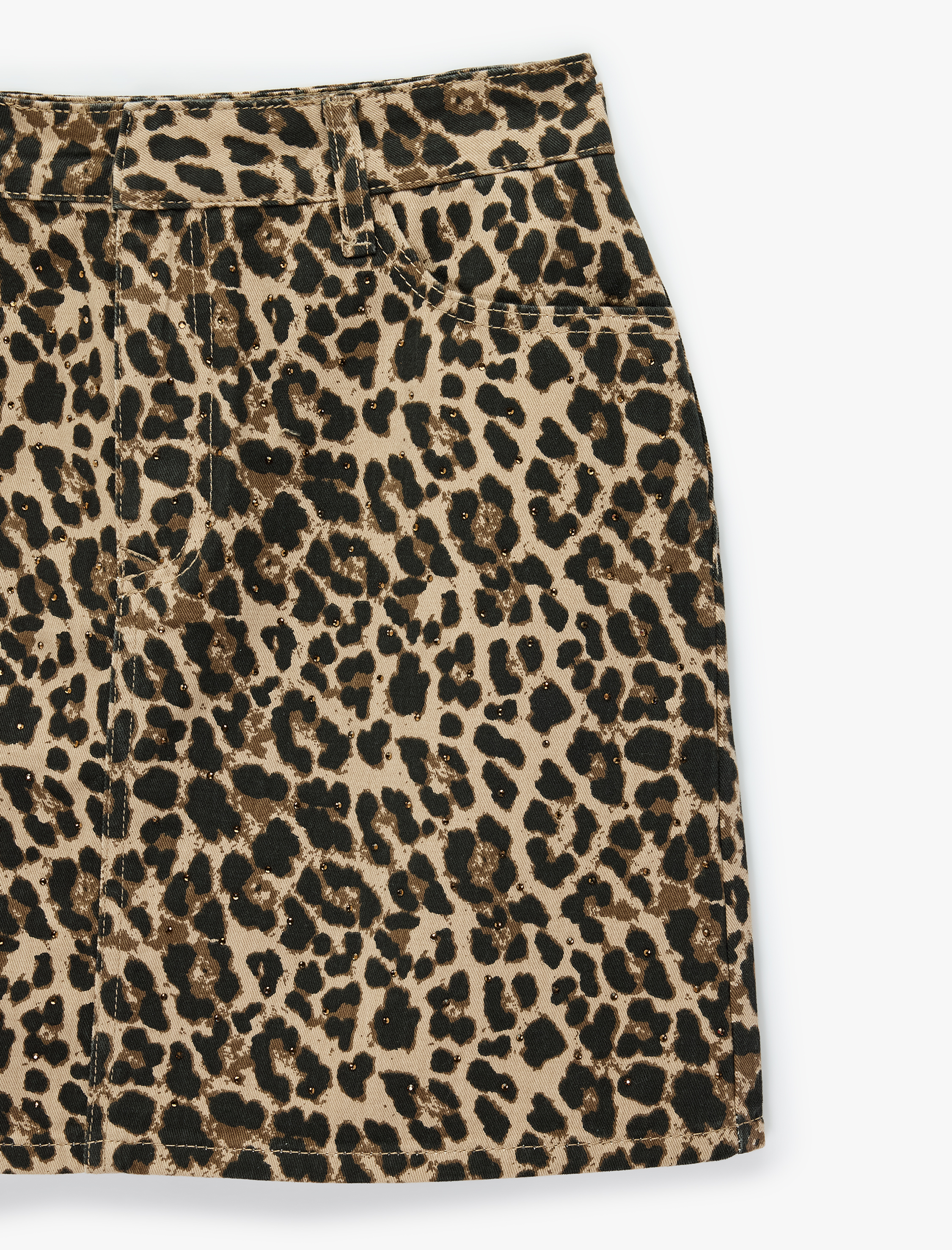   Yüksek Bel Cepli Pamuklu Leopar Desenli Taşlı Mini Denim Etek