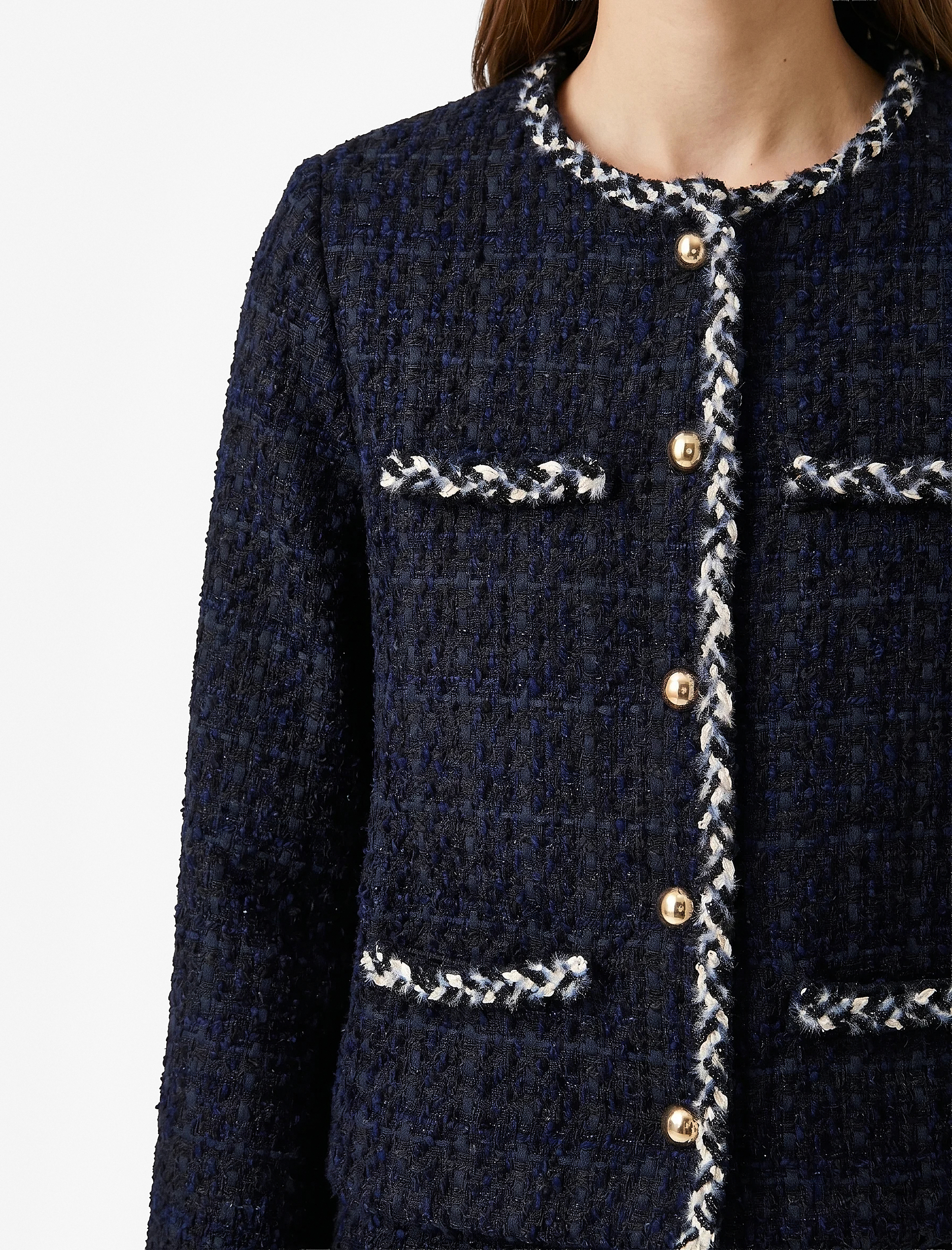   Slim Fit Uzun Kollu Bisiklet Yaka Kontrast Detaylı Düğmeli Tüvit Ceket