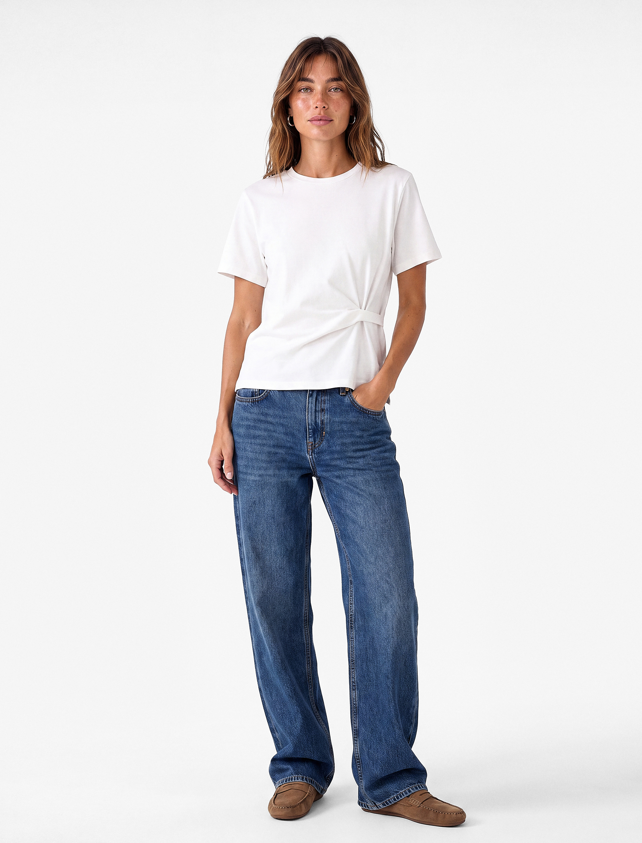   Regular Fit Kısa Kollu Bisiklet Yaka Drape Detaylı Pamuklu Basic Tişört