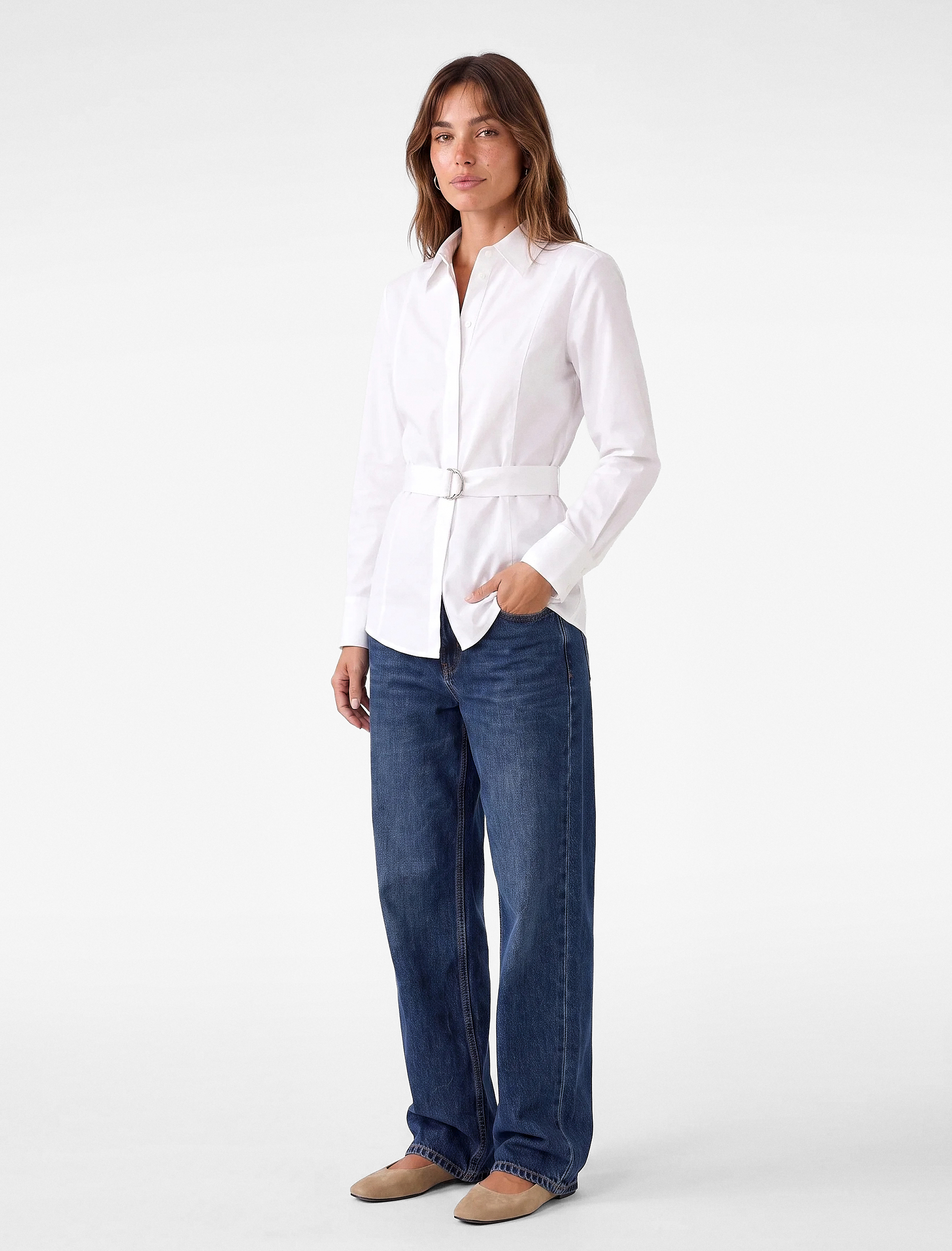   Pamuklu Regular Fit Uzun Kollu Kemerli Poplin Gömlek