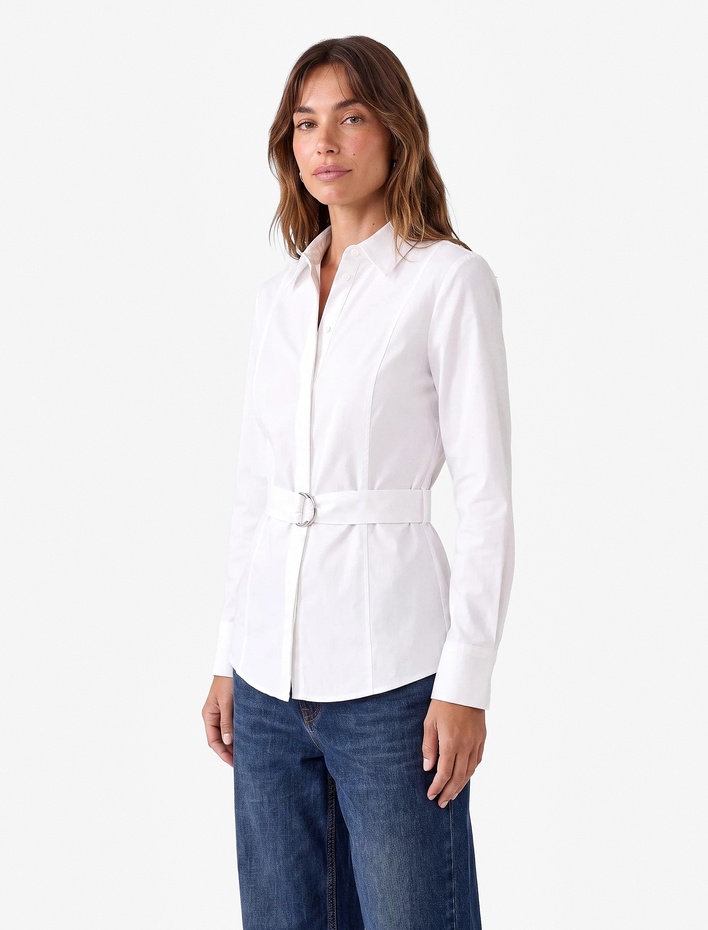  Pamuklu Regular Fit Uzun Kollu Kemerli Poplin Gömlek
