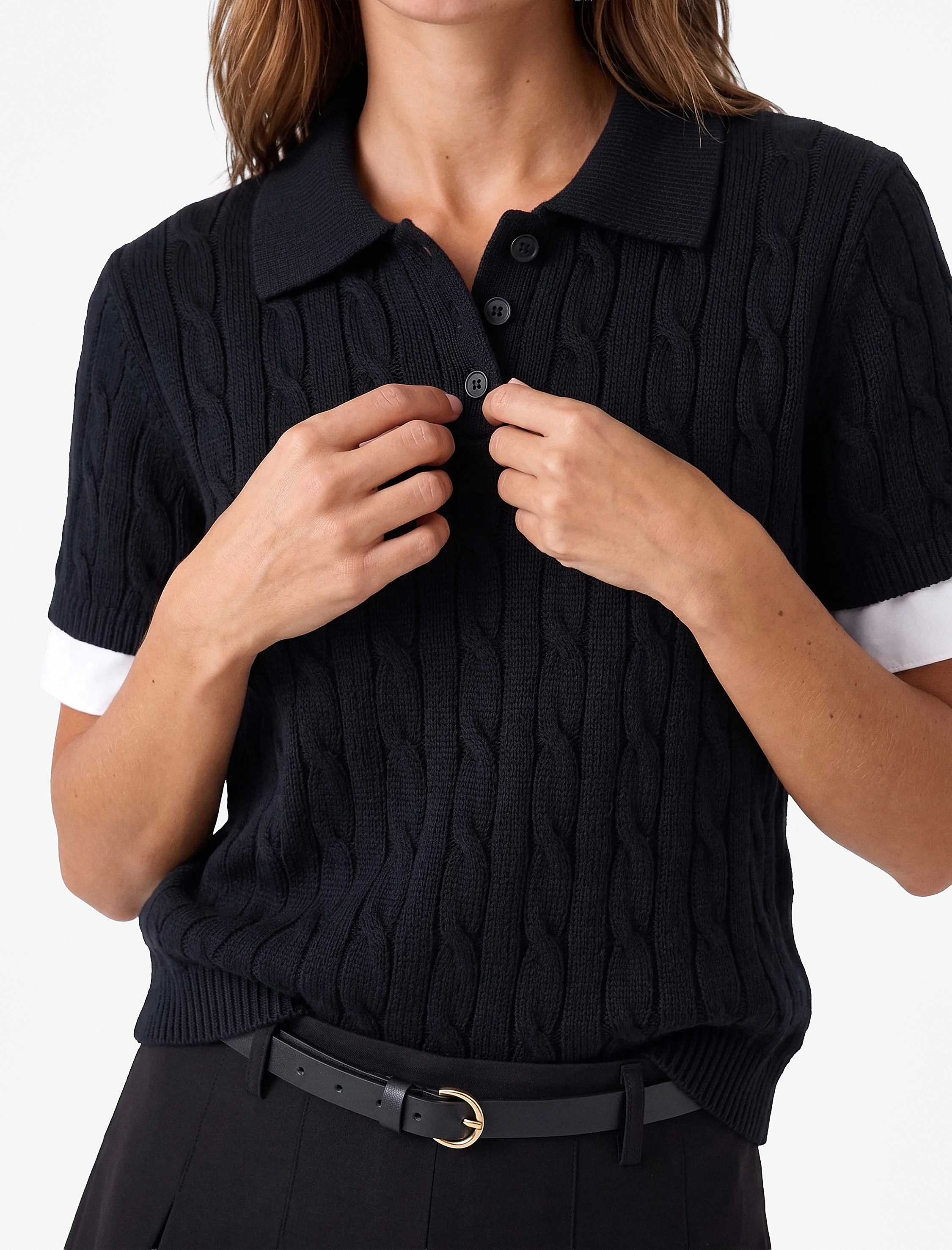   Regular Fit Renk Kontrastı Katmanlı Kısa Kollu Polo Yaka Saç Örgü Kazak