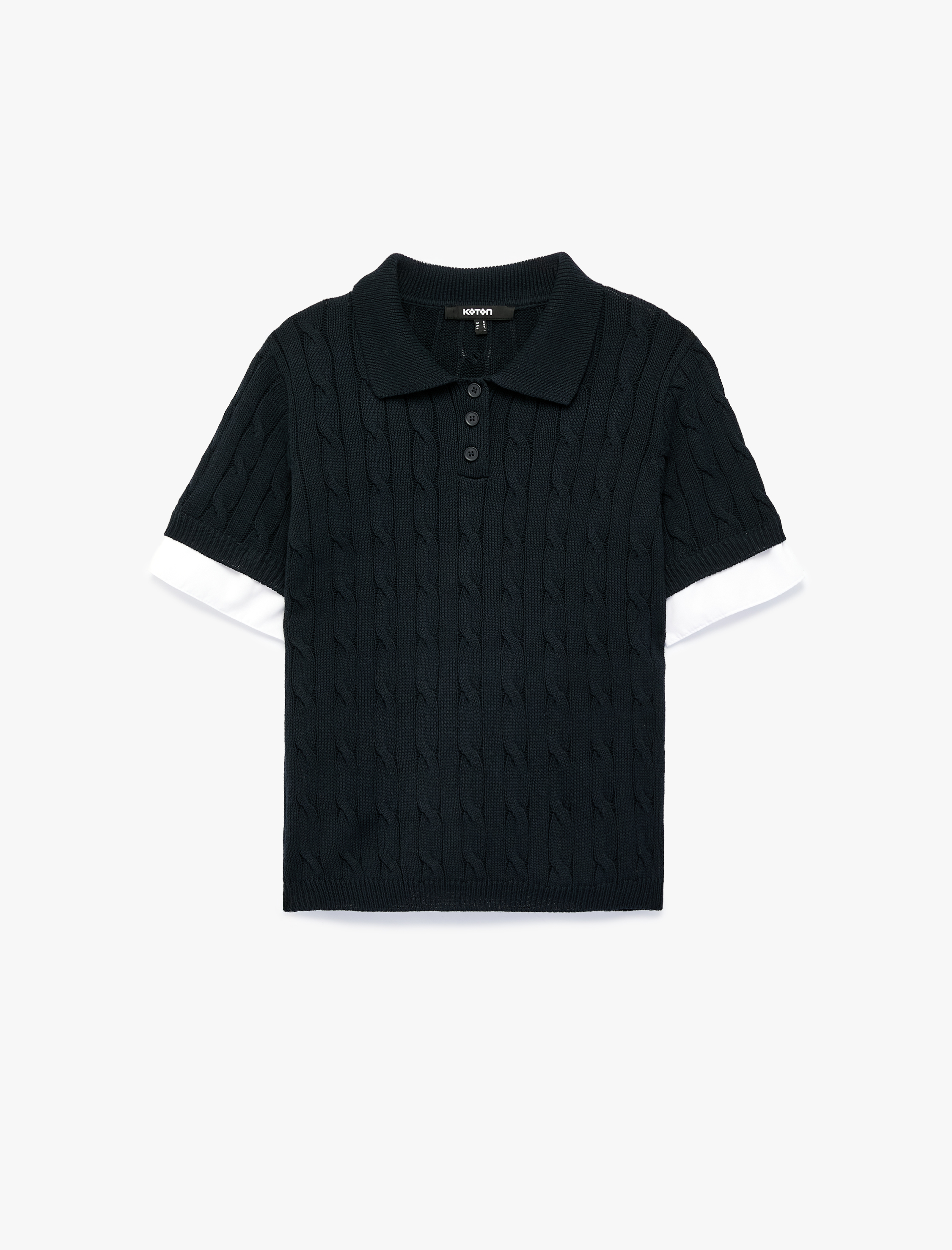   Regular Fit Renk Kontrastı Katmanlı Kısa Kollu Polo Yaka Saç Örgü Kazak