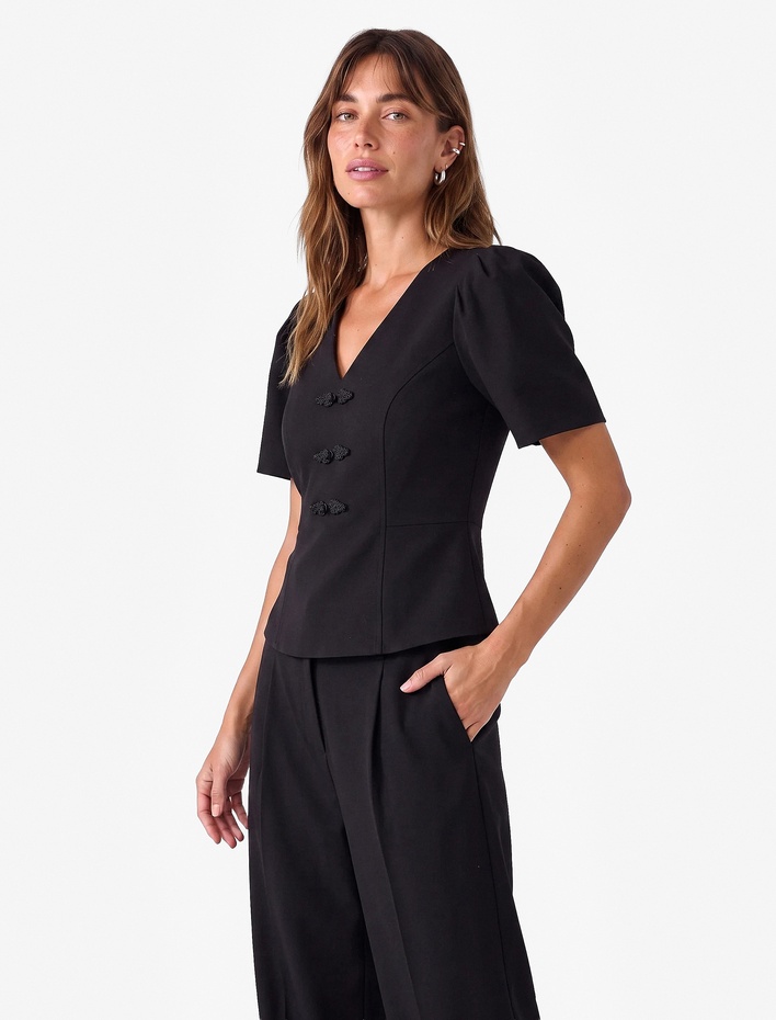  Slim Fit V Yaka Balon Kollu Süs Düğme Detaylı Peplum Bluz