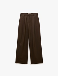 Yüksek Bel Cepli Regular Fit Viskon Karışımlı Pileli Geniş Paça Pantolon