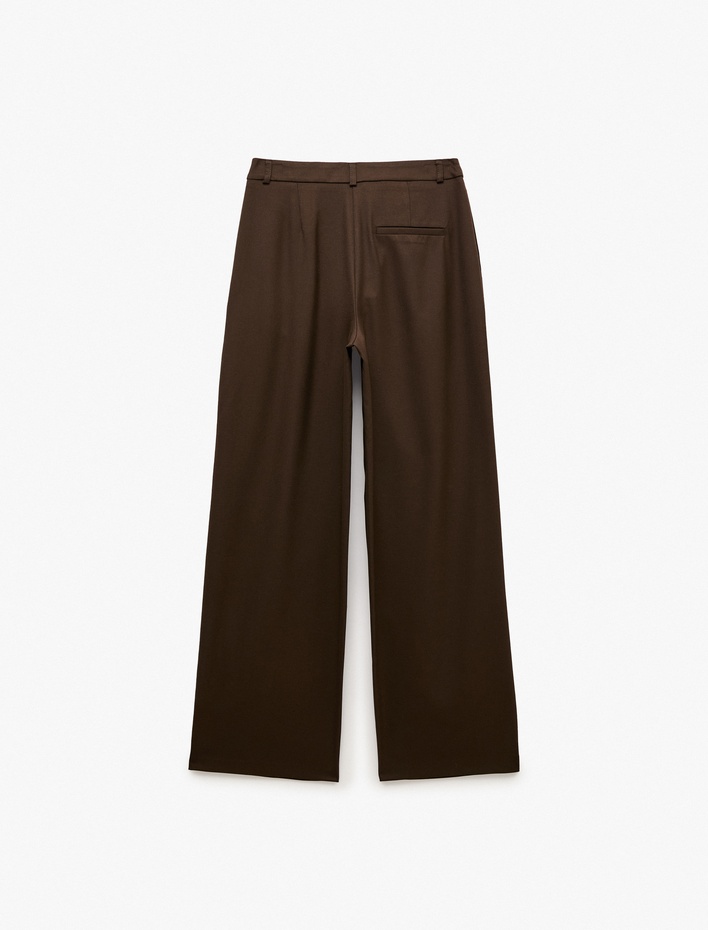  Yüksek Bel Cepli Regular Fit Viskon Karışımlı Pileli Geniş Paça Pantolon
