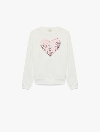 Kalp Detaylı Pullu Payetli Bisiklet Yaka Uzun Kollu Sweatshirt
