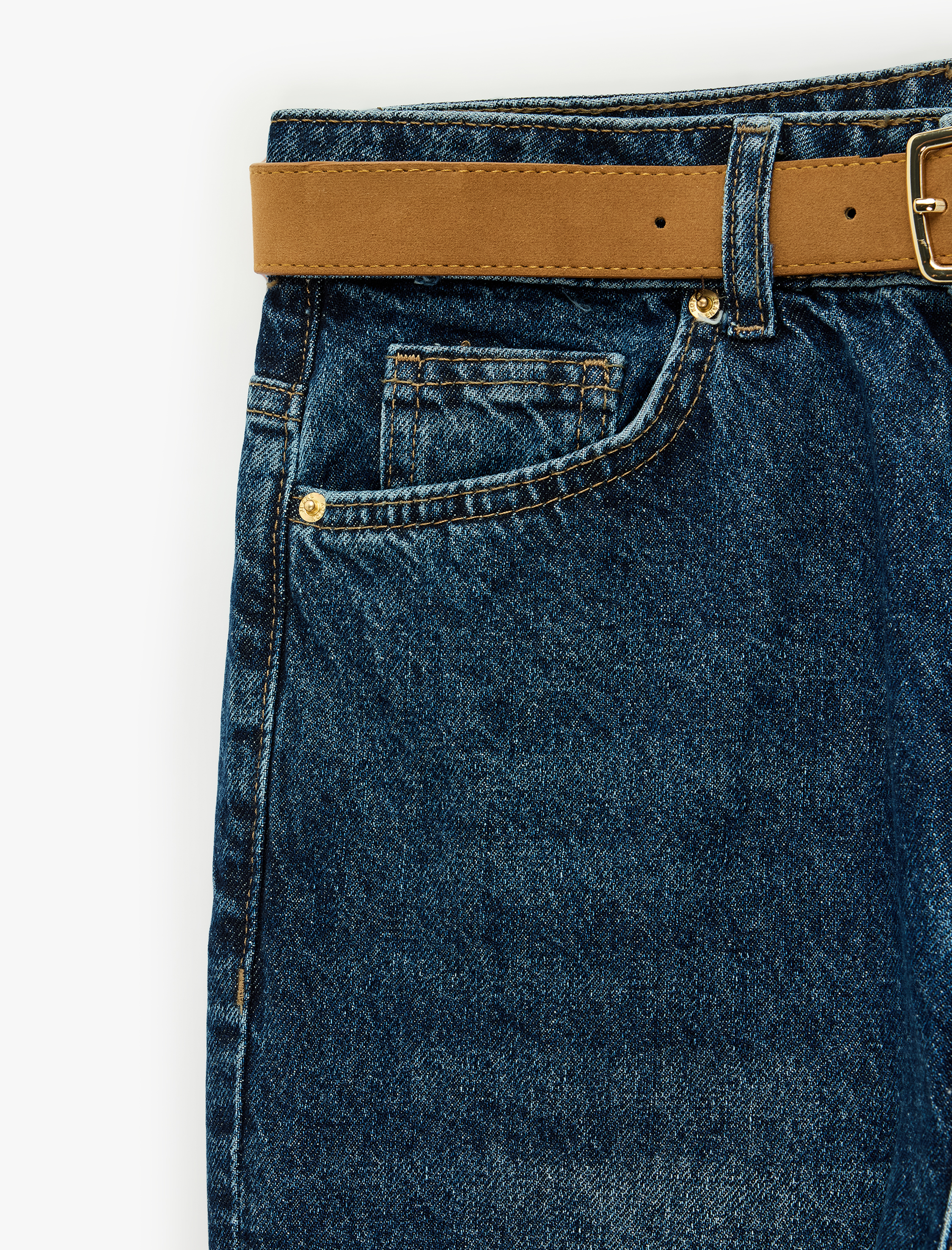   Kemerli Yüksek Bel Dar Kalıp Düz Paça Pamuklu Denim Pantolon - Mom Slim Jean