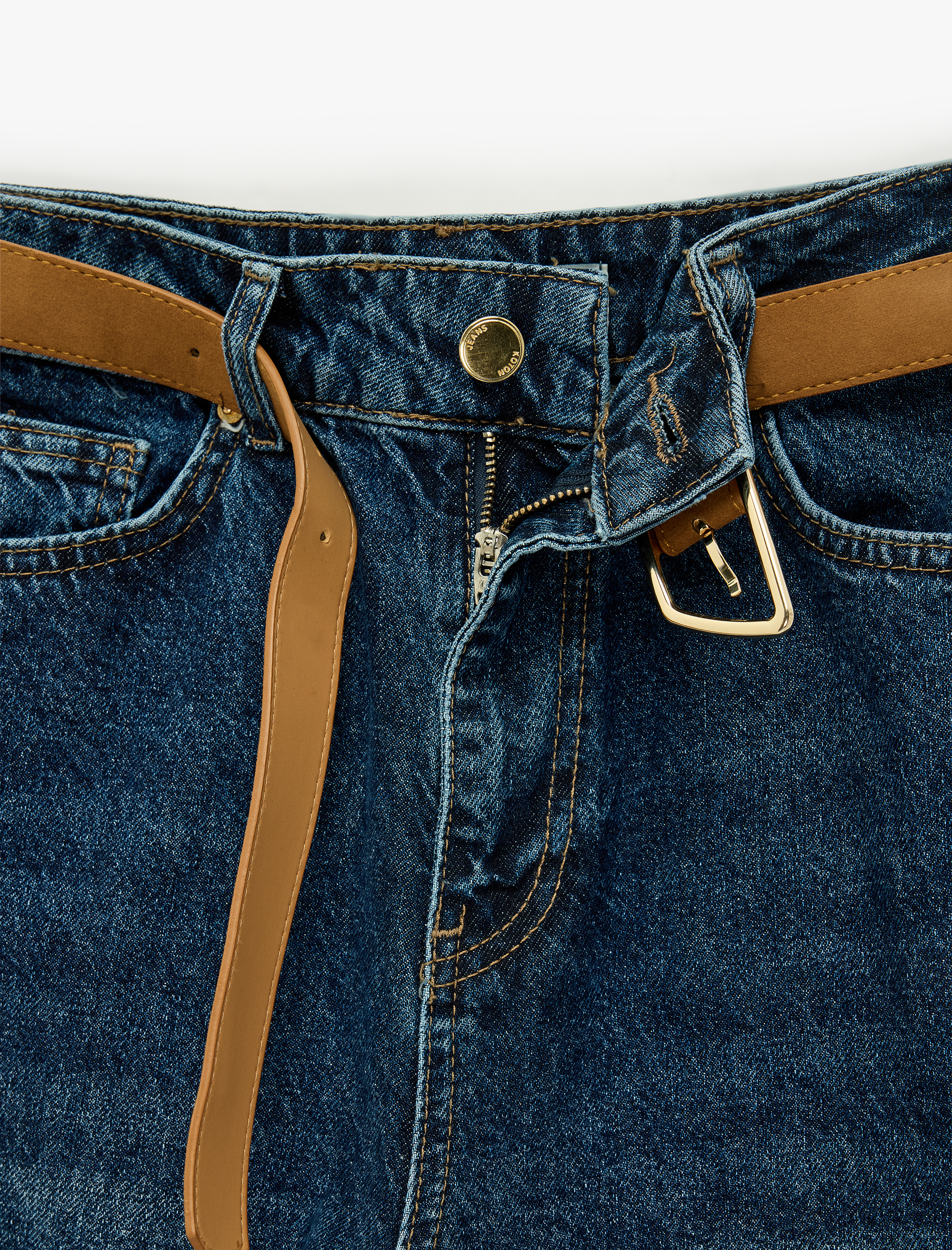   Kemerli Yüksek Bel Dar Kalıp Düz Paça Pamuklu Denim Pantolon - Mom Slim Jean