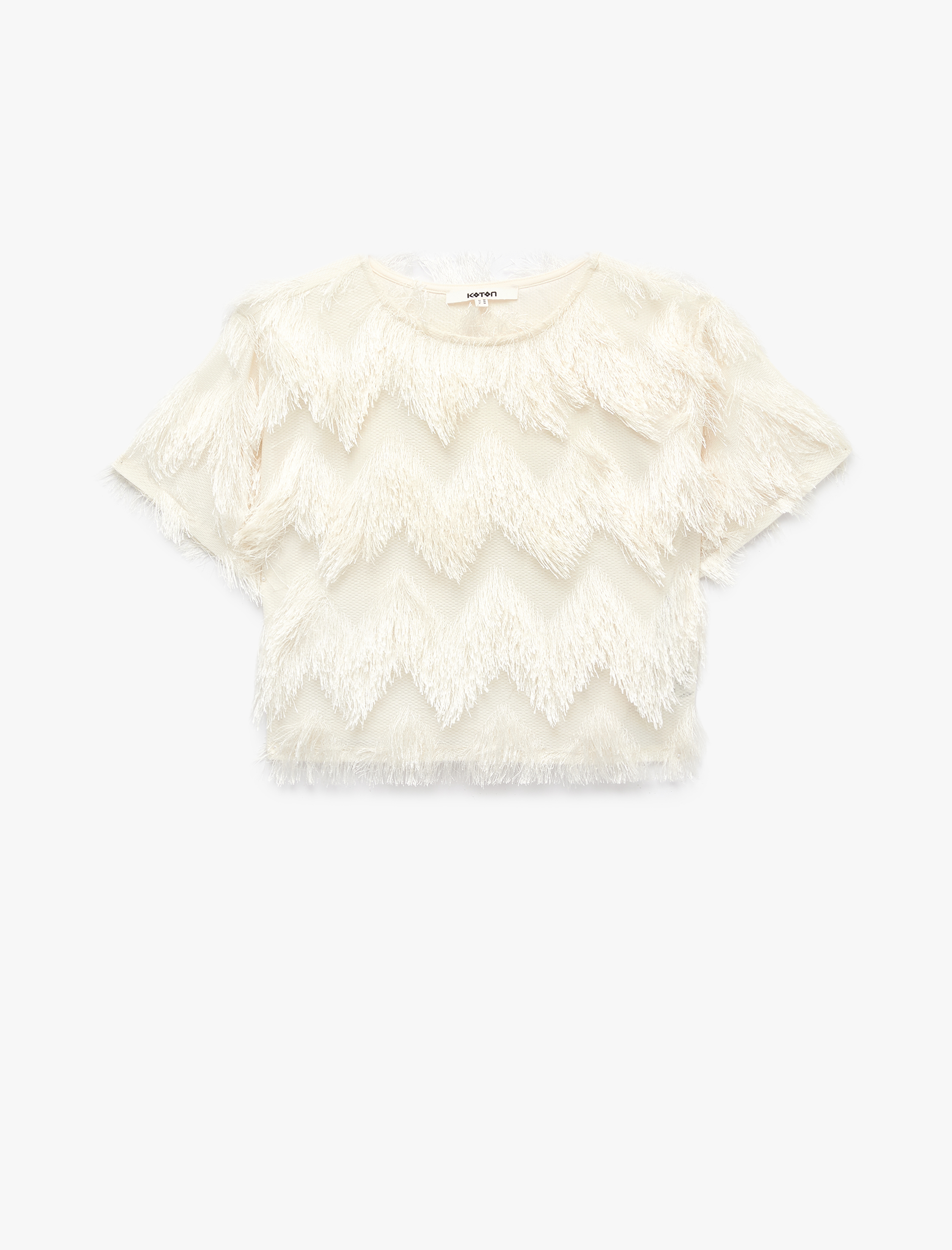   Peluş Detaylı Bisiklet Yaka Kısa Kollu Crop Bluz