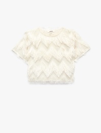 Peluş Detaylı Bisiklet Yaka Kısa Kollu Crop Bluz