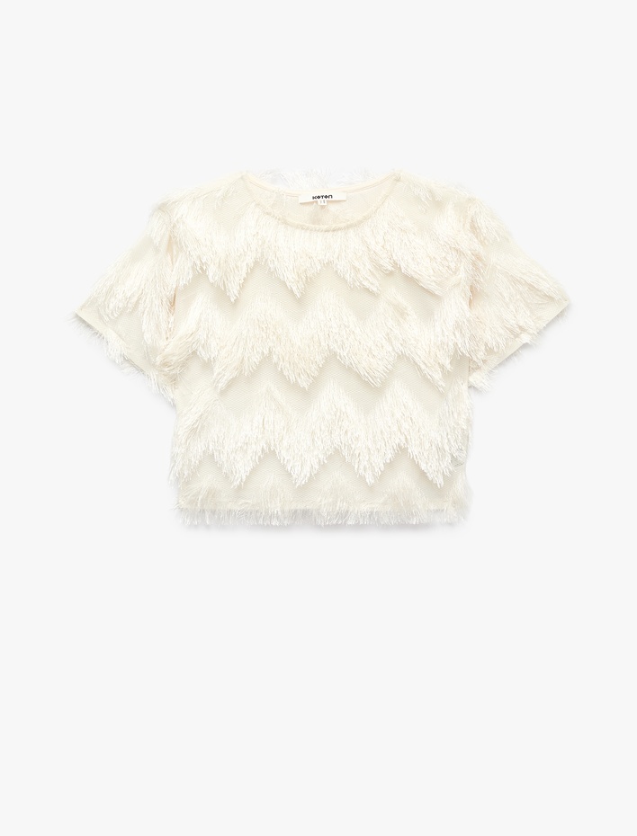  Peluş Detaylı Bisiklet Yaka Kısa Kollu Crop Bluz
