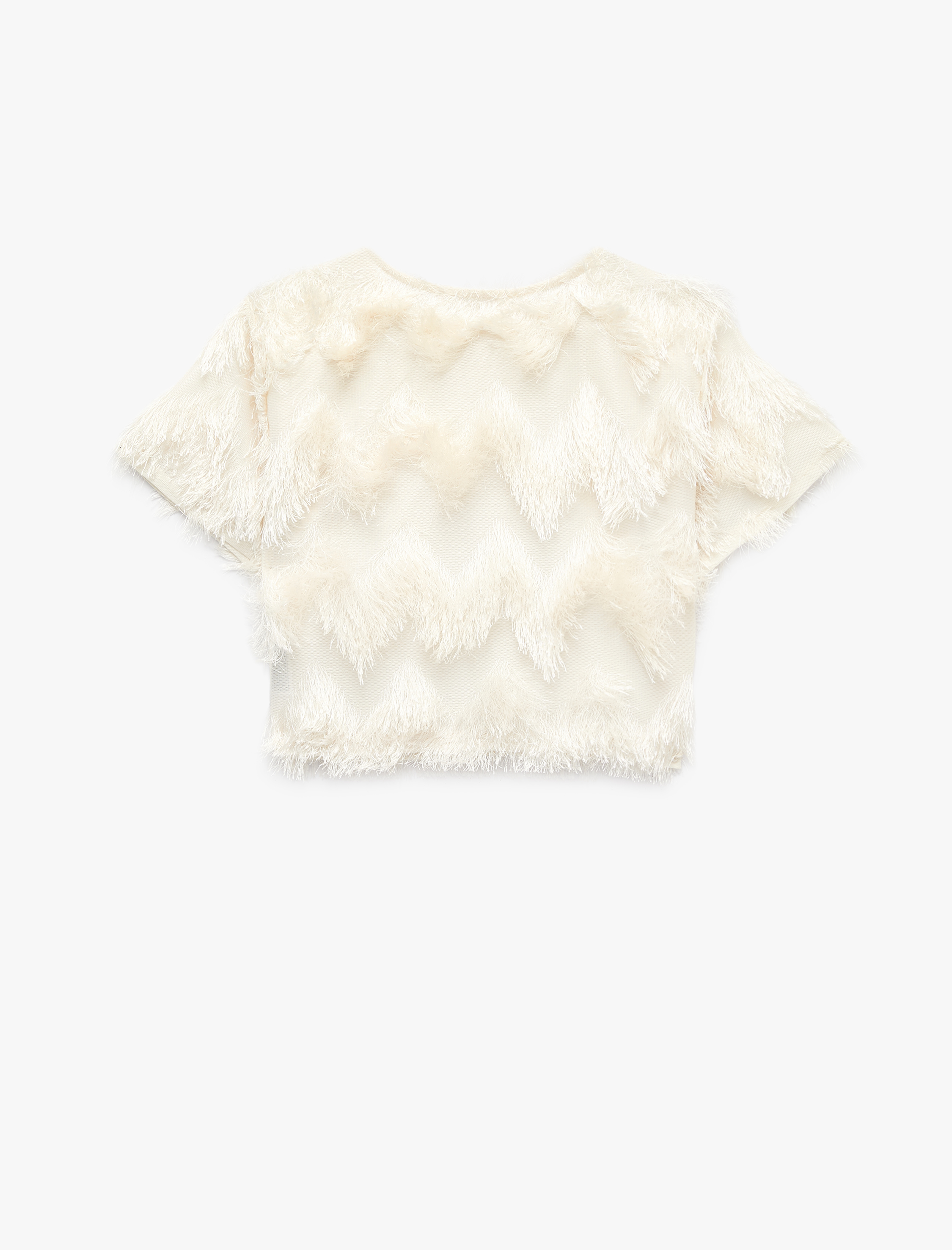   Peluş Detaylı Bisiklet Yaka Kısa Kollu Crop Bluz