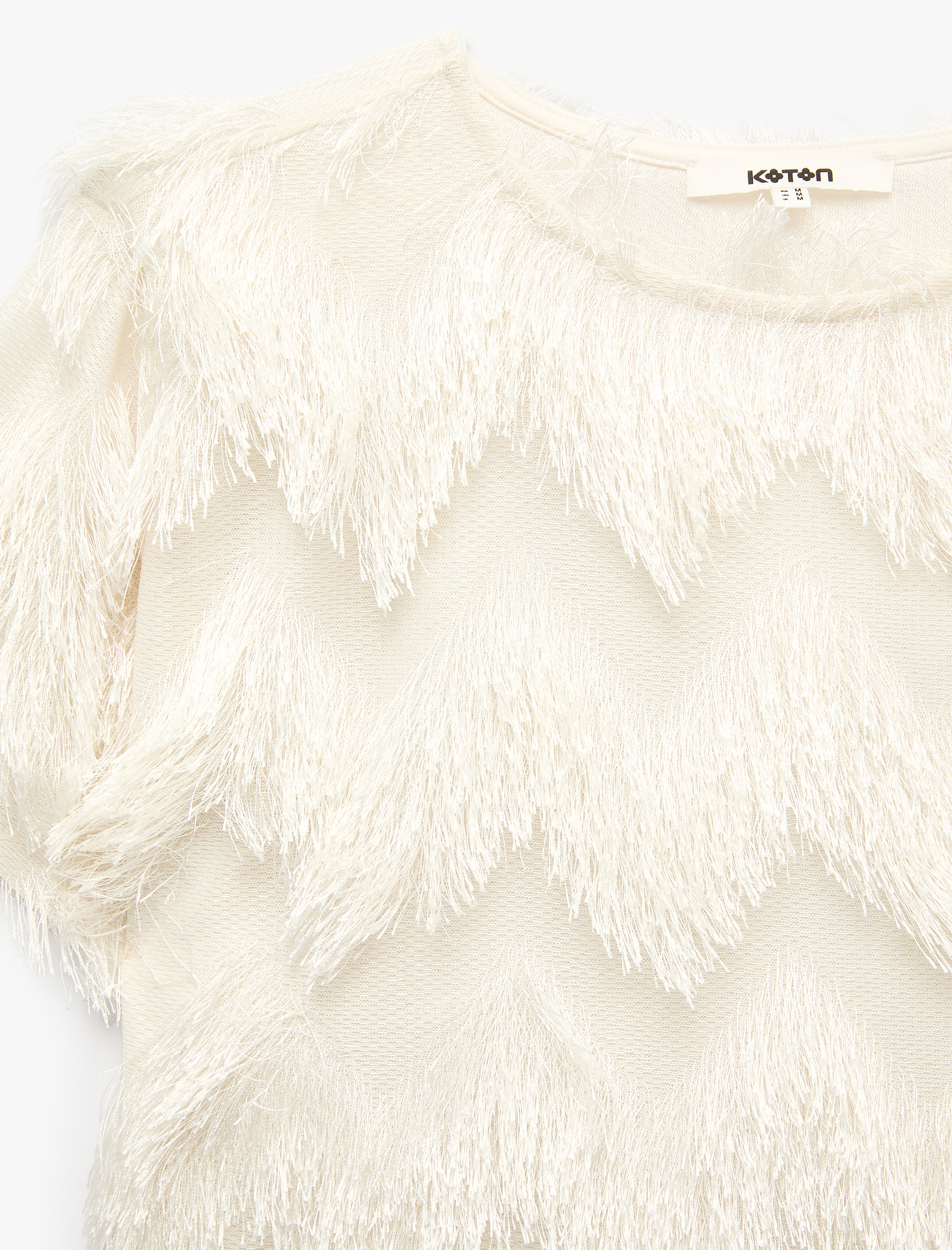  Peluş Detaylı Bisiklet Yaka Kısa Kollu Crop Bluz