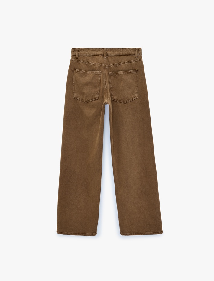  Pamuklu Normal Bel Cepli Düğmeli Rahat Kalıp Düz Paça Baggy Pantolon - Baggy Jeans