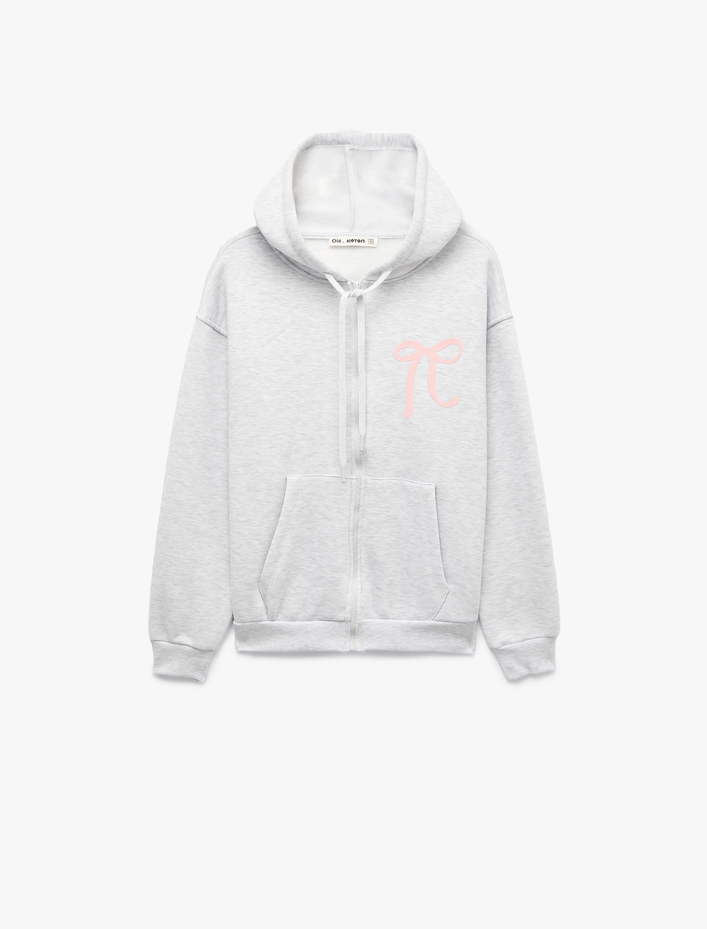   Şardonlu Rahat Kalıp Uzun Kollu Kapüşonlu Fermuarlı Kanguru Cepli Fiyonk Baskılı Sweatshirt