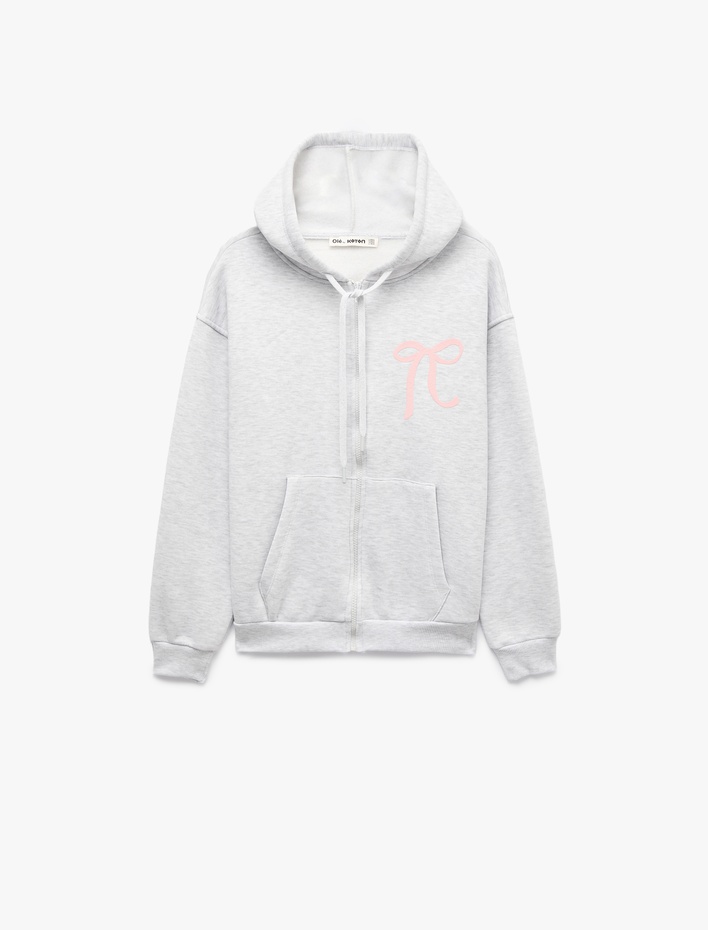  Şardonlu Rahat Kalıp Uzun Kollu Kapüşonlu Fermuarlı Kanguru Cepli Fiyonk Baskılı Sweatshirt