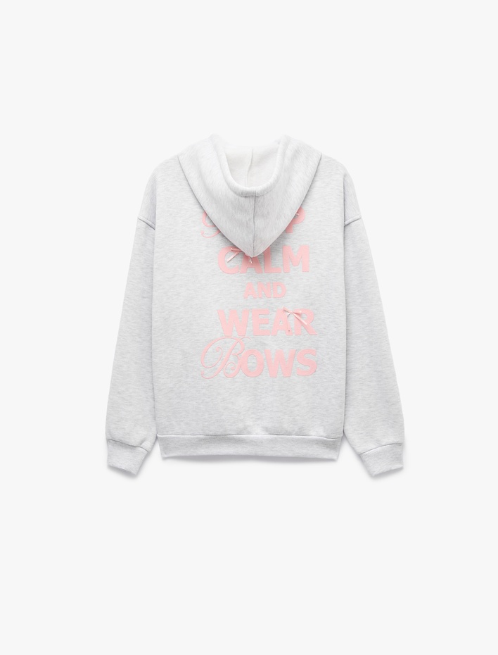  Şardonlu Rahat Kalıp Uzun Kollu Kapüşonlu Fermuarlı Kanguru Cepli Fiyonk Baskılı Sweatshirt