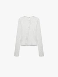 Slim Fit Pamuklu Bisiklet Yaka Asimetrik Düğmeli Uzun Kollu Tişört