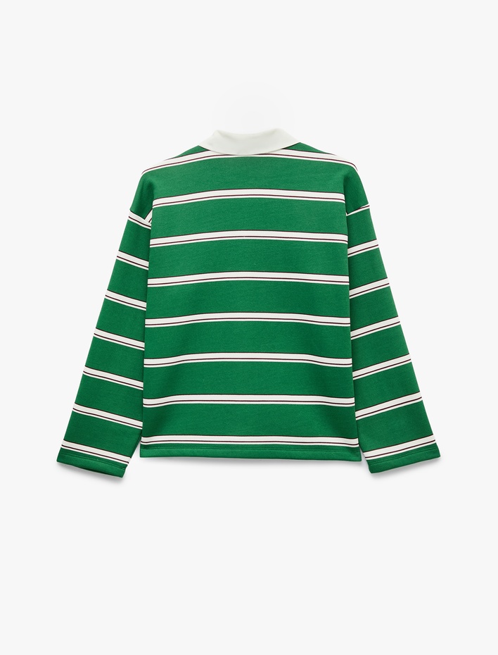  Rahat Kalıp Pamuklu Şardonlu Düğmeli Polo Yaka Çizgili Sweatshirt