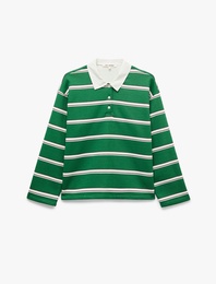 Rahat Kalıp Pamuklu Şardonlu Düğmeli Polo Yaka Çizgili Sweatshirt