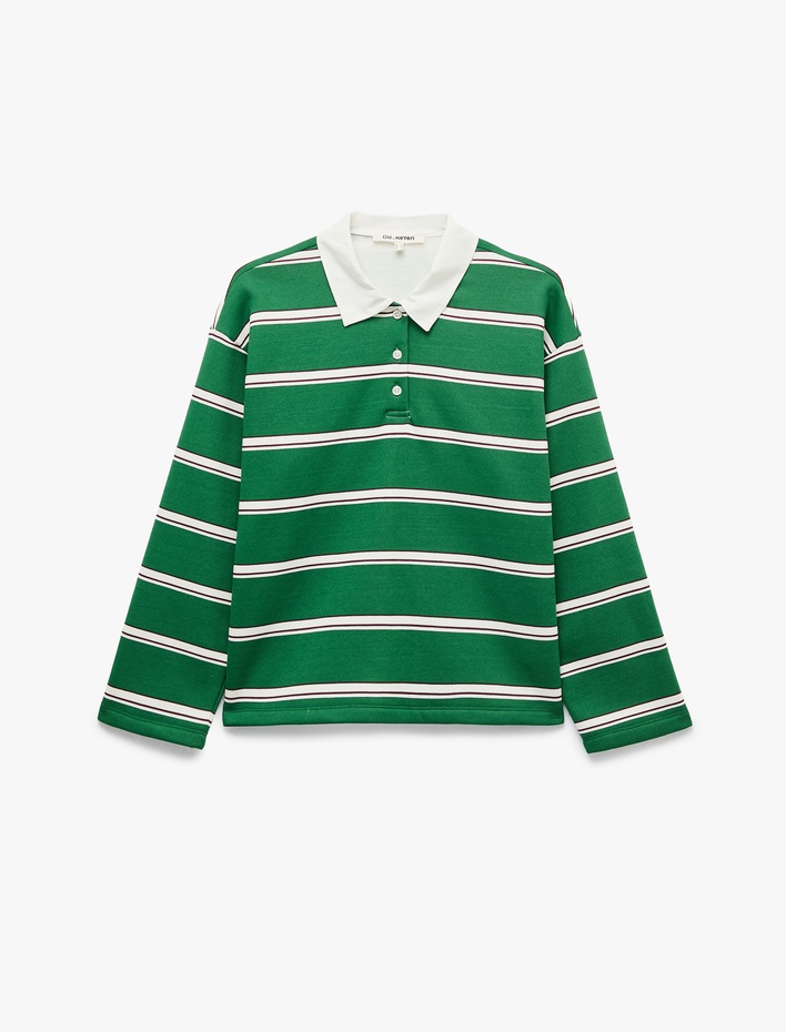  Rahat Kalıp Pamuklu Şardonlu Düğmeli Polo Yaka Çizgili Sweatshirt