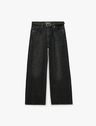 Düğmeli Cep Detaylı Normal Bel Bol Kalıp Denim Pantolon - Loose Straight Fit Jean