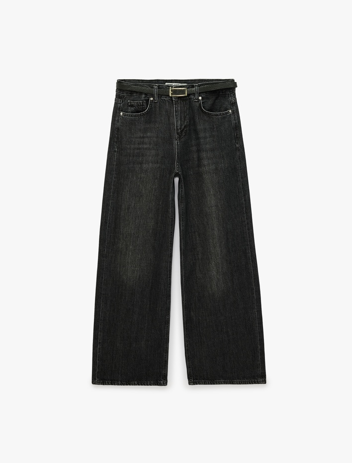  Düğmeli Cep Detaylı Normal Bel Bol Kalıp Denim Pantolon - Loose Straight Fit Jean