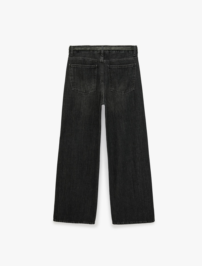  Düğmeli Cep Detaylı Normal Bel Bol Kalıp Denim Pantolon - Loose Straight Fit Jean