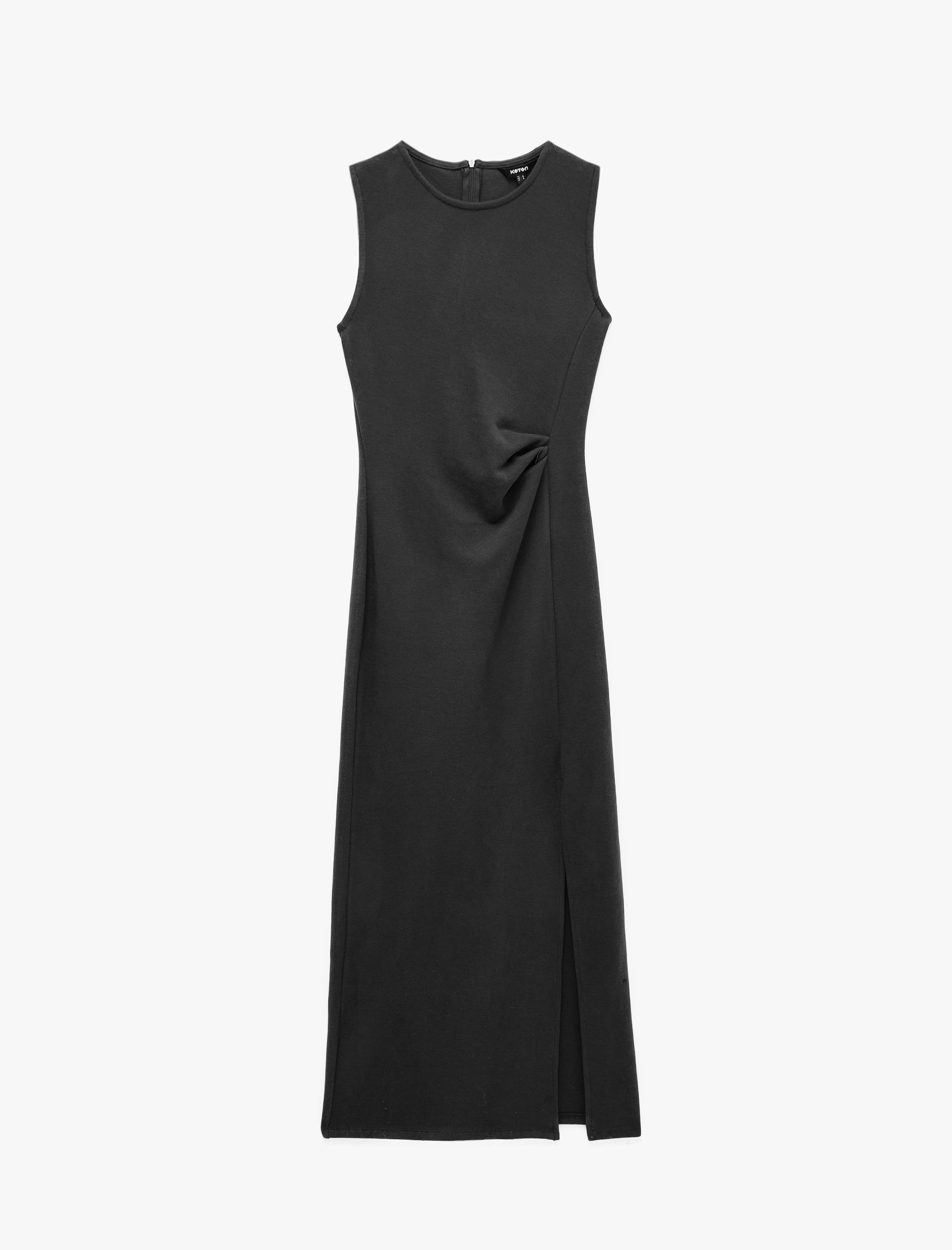   Slim Fit Bisiklet Yaka Yırtmaçlı Drape Detaylı Kolsuz Midi Elbise