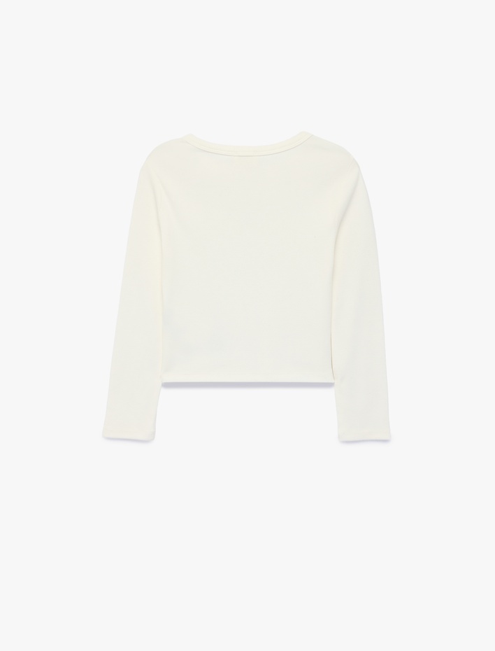 Kız Çocuk Yıldız Pencere Detaylı Slim Fit Kaşkorse Pamuklu Bisiklet Yaka Kısa Kollu Crop Tişört