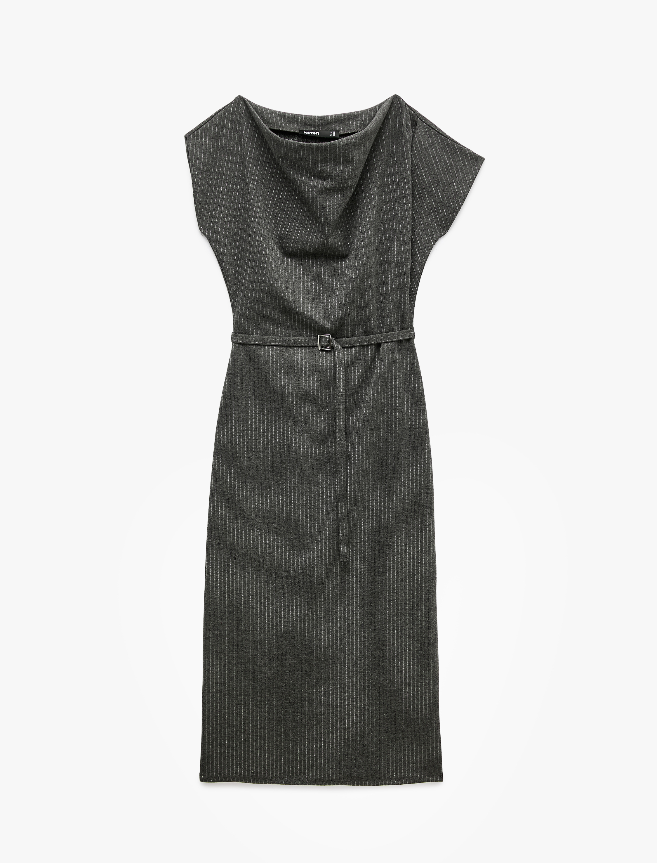   Kolsuz Balık Form Slim Fit Çizgili Asimetrik Degaje Yaka Kemerli Midi Elbise