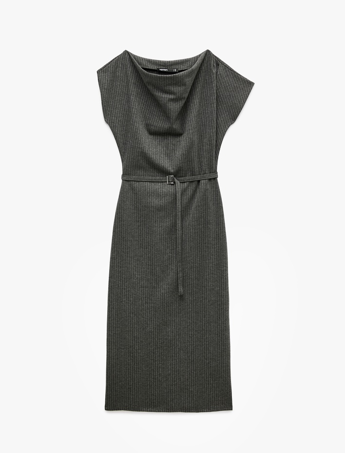  Kolsuz Balık Form Slim Fit Çizgili Asimetrik Degaje Yaka Kemerli Midi Elbise