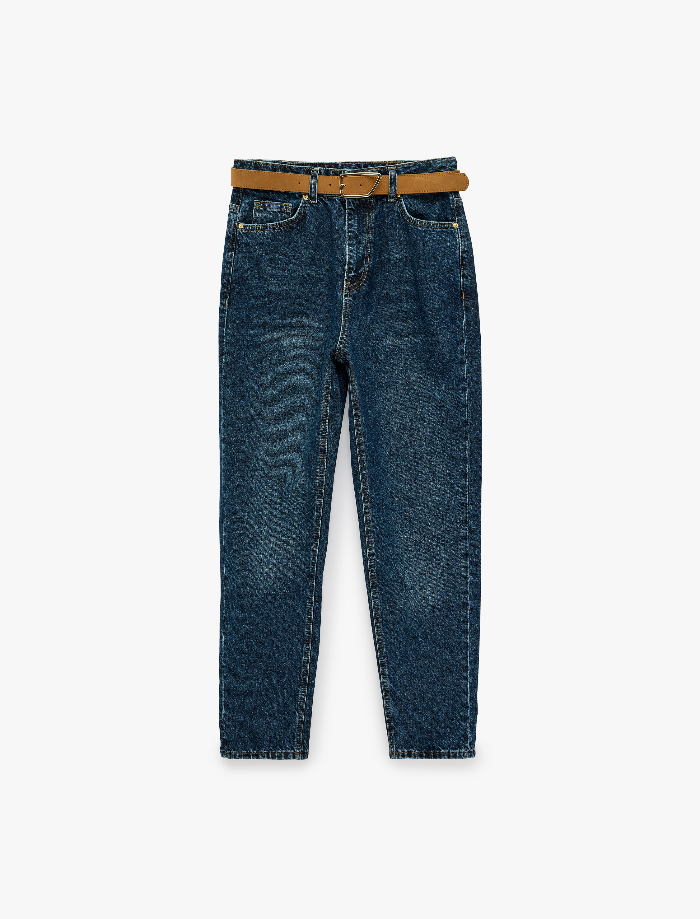   Kemerli Yüksek Bel Dar Kalıp Düz Paça Pamuklu Denim Pantolon - Mom Slim Jean