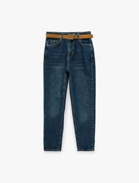 Kemerli Yüksek Bel Dar Kalıp Düz Paça Pamuklu Denim Pantolon - Mom Slim Jean