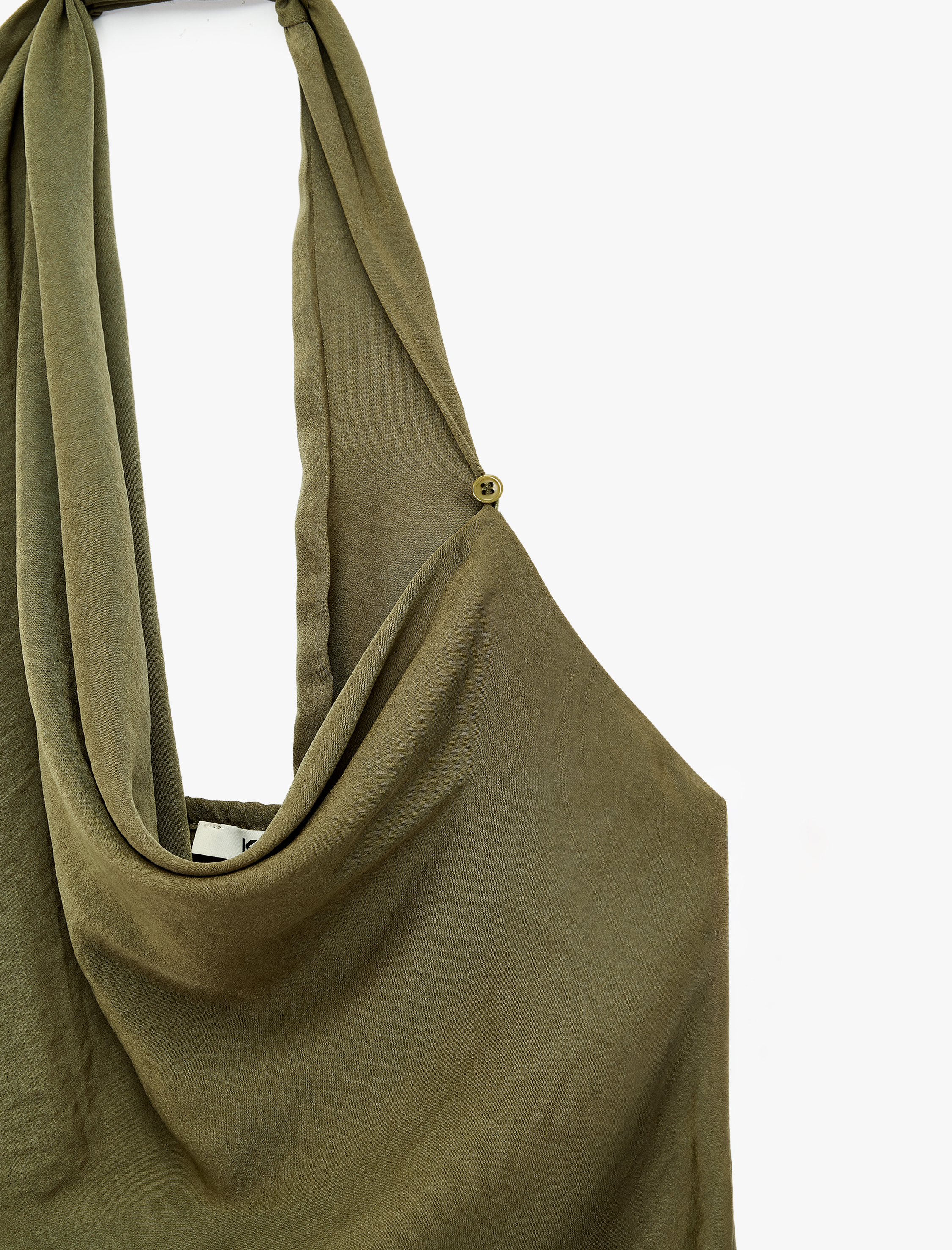   Aerobin Kumaş Kolsuz Şal Detaylı Dökümlü Halter Yaka Saten Bluz