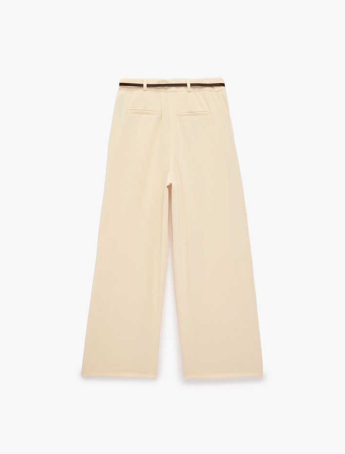  Kemer Detaylı Krep Kumaş Regular Fit Geniş Paça Pantolon