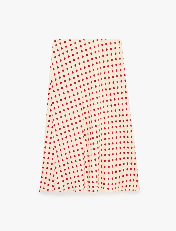  Slim Fit Viskon Puantiye Desenli Balık Kesim Saten Midi Etek