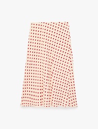 Slim Fit Viskon Puantiye Desenli Balık Kesim Saten Midi Etek