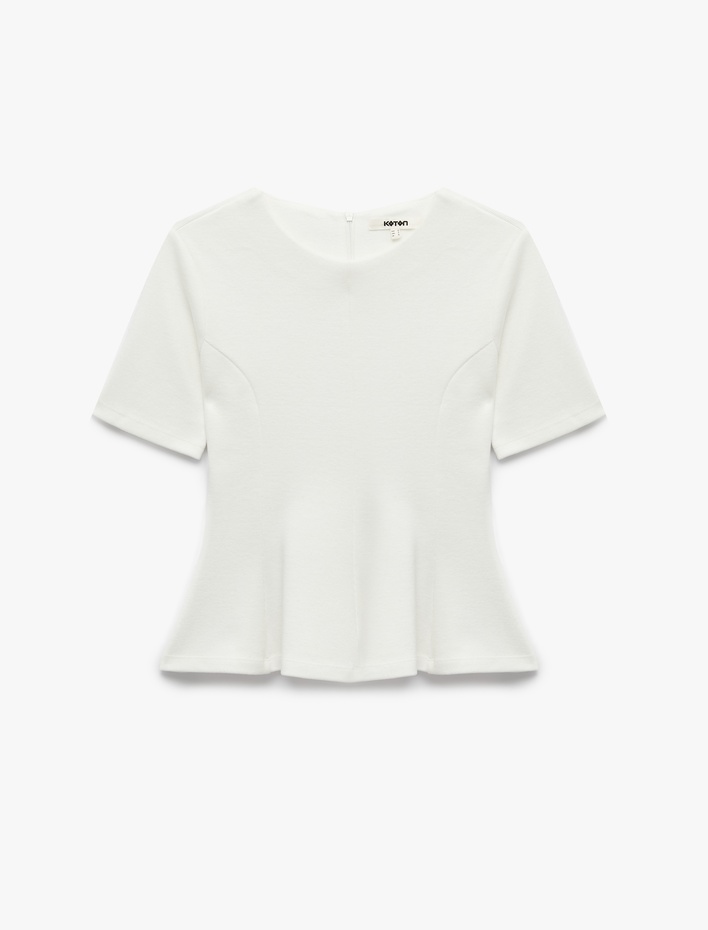  Slim Fit Bisiklet Yaka Kısa Kollu Peplum Bluz